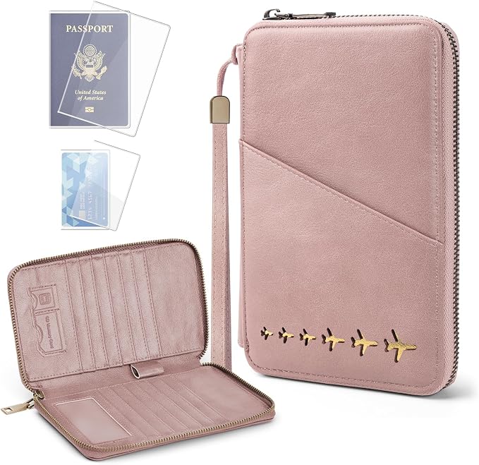 Family Passport Holder for 4 Travel RFID Blocking Passport Holder | With Clear Passport Cover, Anti-Theft, PU Material, Travel Document Organizer, Pink
