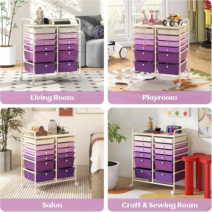 COSTWAY 12-Drawer Rolling Storage Cart, Moveable Art Craft Organizer | Lockable Wheels, Metal Shelf, Files Arrangement Tools Makeup Storage Cart for Office, Home, School (Purple Gradient)