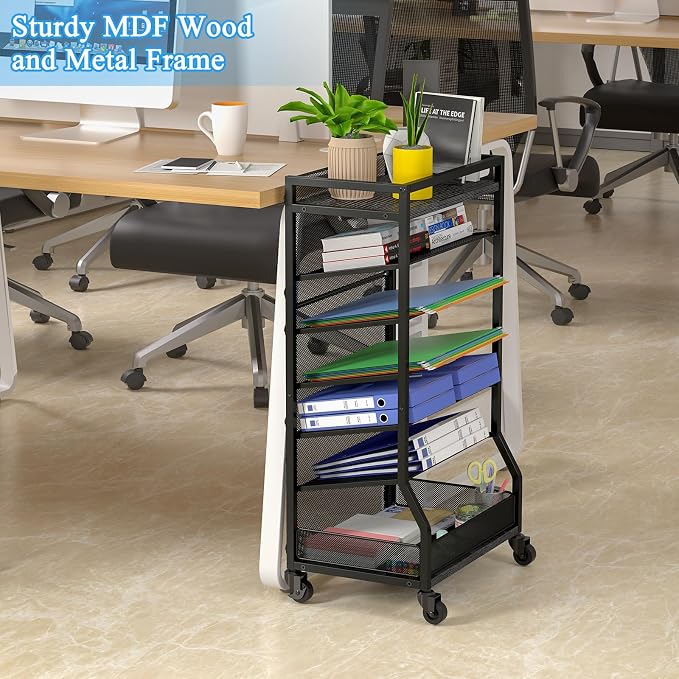 ThreeHio 7 Tier Rolling File Cart with Sliding Trays, Wood Metal File Organizer Beside Desk, Free-Standing File Holder, Paper Letter Tray Organizer Mesh Desk Organizer for Home Office School (Patent)