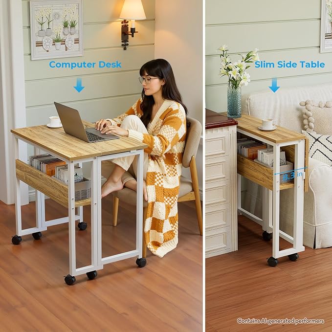 GreenForest Folding Desk with Wheels, 31.5" Rolling Table for Small Spaces | Storage Shelf, Lockable Casters, Compact Portable Workstation, Space-Saving Foldable Sofa Table, Home Office, Mobile, Oak