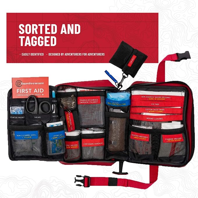 Surviveware 184 Pcs Comprehensive Waterproof Premium Survival First Aid Kit - Medical Emergency Kit for Travel Camping Gear, Home Essentials & Outdoor Emergencies - Survival Kit