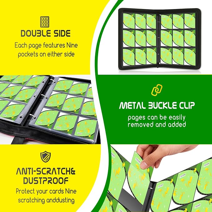 Trading Card Binder 9 Pocket,900 Pocket Card Collection Binder with 50 Removable Sleeves,PU Waterproof Top Card Book,3-Ring Zipper Collectible Trading Card Album for MTG/TCG/Card Holder Gift(Green)