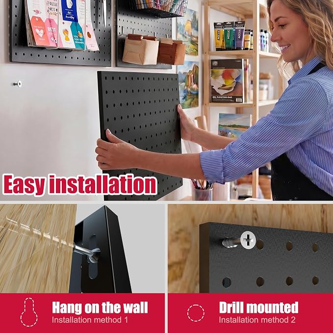 Spampur Peg Board, 8 Pack Metal Pegboard Wall Organizer with Accessories | Black Pegboard Panels with 50 Pcs Hooks and Baskets, Wall Organizer for Office, Craft Room Organization, Garage, Sewing Room