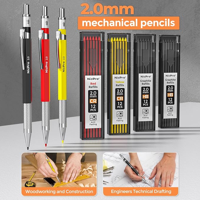 Nicpro 36PCS CP3000 Mechanical Carpenter Pencil Set with Sharpener & Sheath | 85 Refills, 6PCS Long Nib Marker, Center Punch, Carbide Scribe Tool, Heavy Duty Construction Pencil for Architect Woodworking