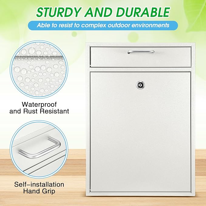 Yaocom Locking Mailbox with Key for Outdoor 16.2 x 11.2 x 4.7 Inches Large Wall Mount Mail Box with Lock Security Mail Drop Metal Collection Boxes Hanging Secure Postbox(Creamy White)
