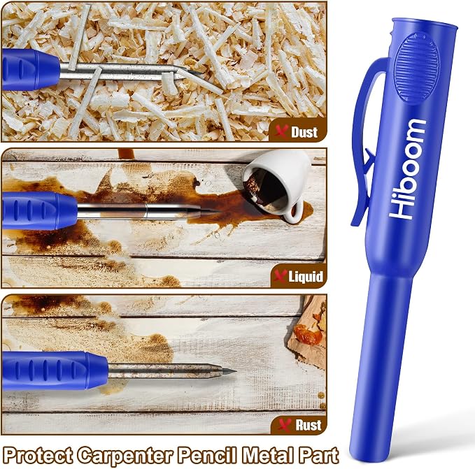Hiboom 2 Pack Carpenter Pencils with Pencil Cap and 18 Refills, Blue | Mechanical Pencil, Deep Hole Marking, Built-In Sharpener, Long Nose Tip, Pocket Clip, Marks Many Surfaces, Woodworking Use