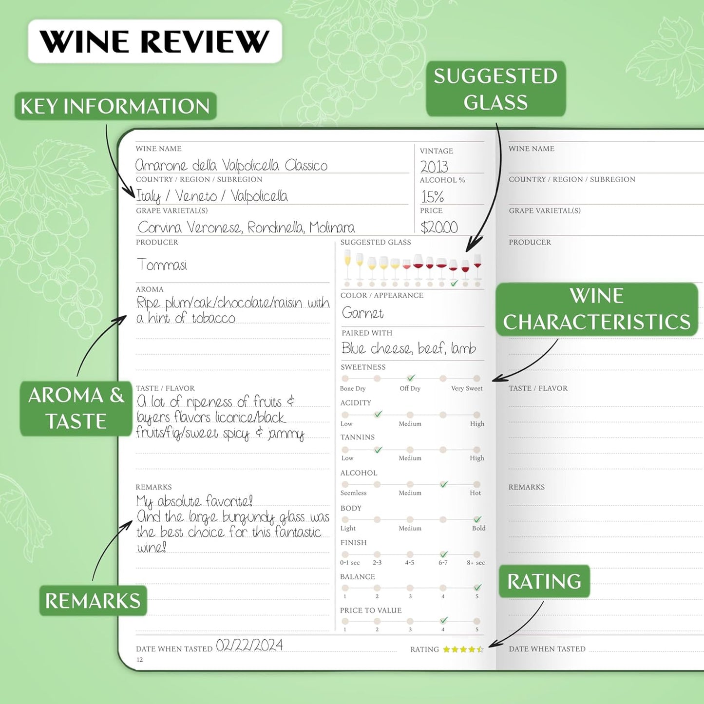 Legend Wine Tasting Journal – Wine Guide & Diary – Unique Accessories & Gifts for Wine Lovers, Women & Men, Eco Leather Notebook (Forest Green)