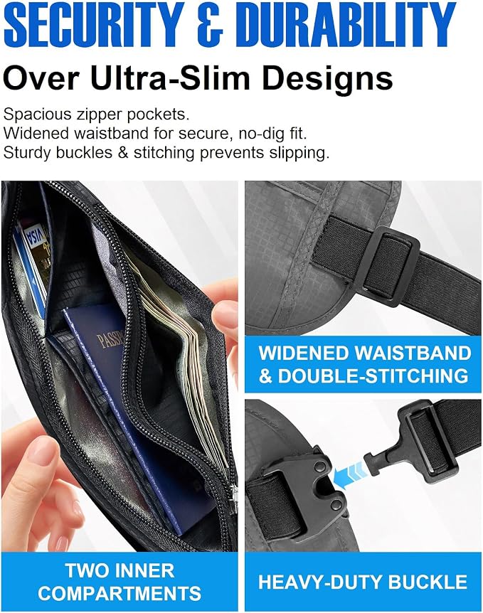 Money Belt for Travel, Passport Holder, RFID Blocking, Sweat-Proof, Gray | 3rd Gen Hidden Waist Wallet Anti Theft to Protect Cash, Credit Cards and Documents Under-Clothes for Men & Women, Bamneat