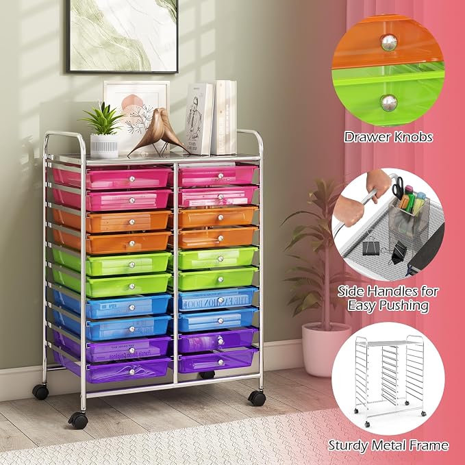 RELAX4LIFE 20 Drawer Rolling Storage Cart, Mobile Rolling Cart w/Drawers for School Classroom Teacher Office Home Salon, Paper File Art Supply Craft Organizer, Utility Cart on Wheels (Rainbow)