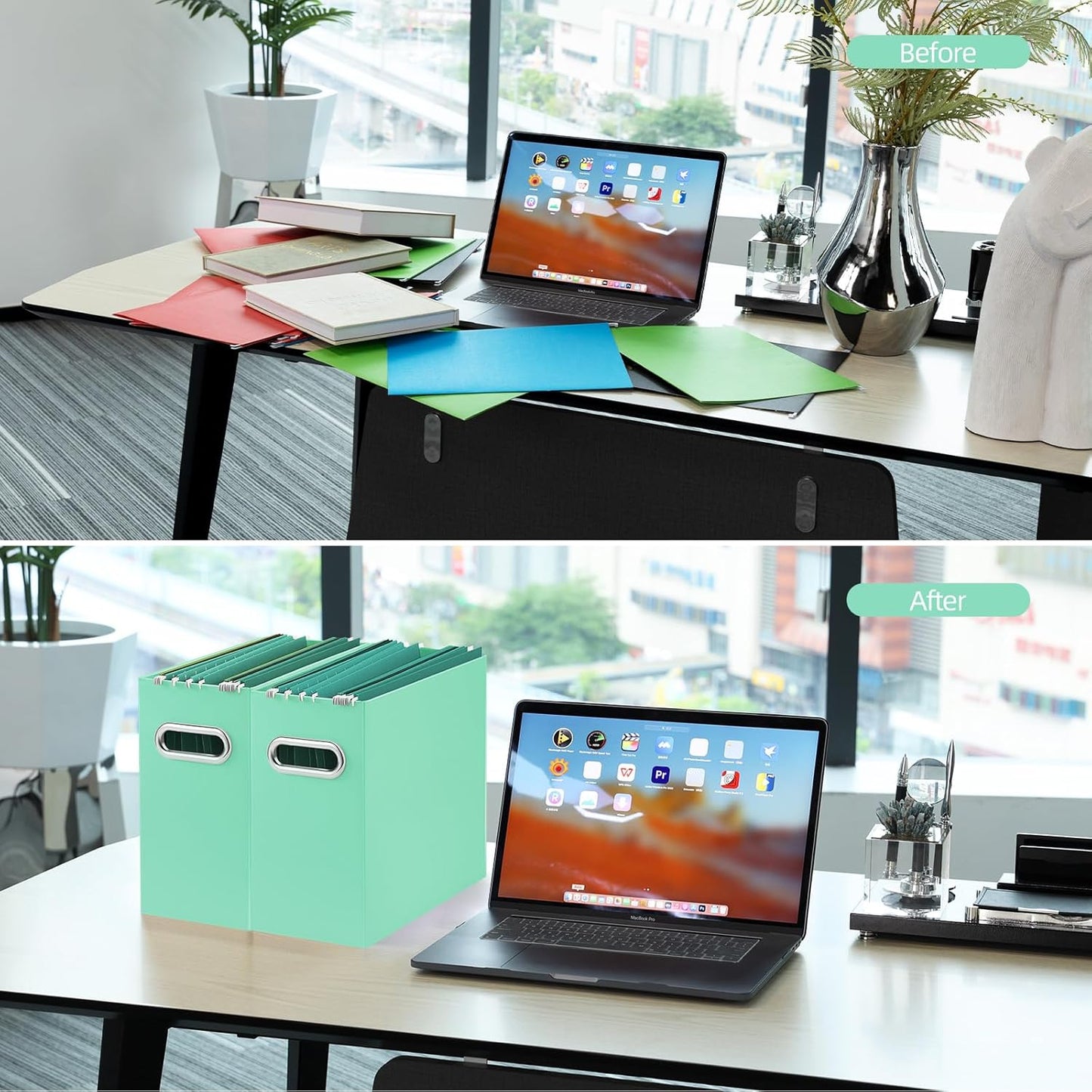 Oterri File Organizer, 8 Packs Small Storage Box, Cardboard File Folder Organizer, Collapsible File Box for Hanging File Folders Letter Size, Portable Filing Organizer with Handle (Mint Green)