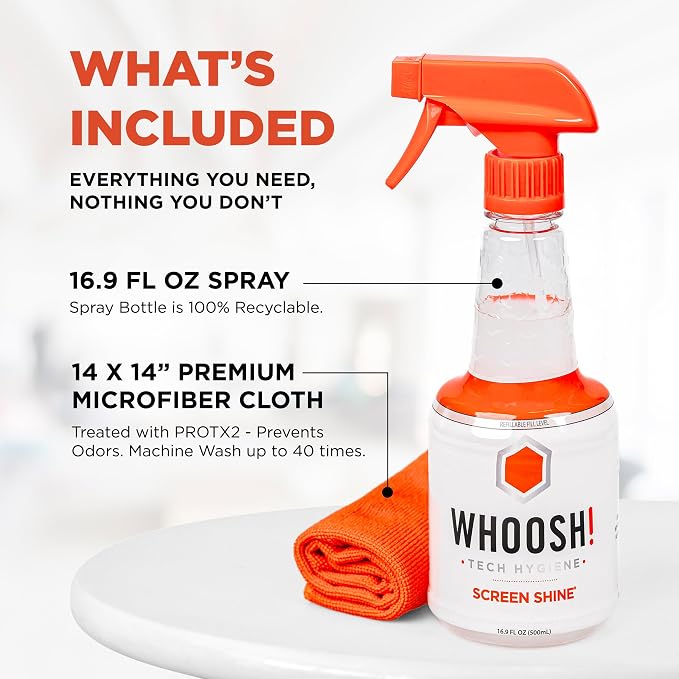 WHOOSH Screen Shine Pro Refillable Cleaning Kit, 16.9 fl oz | Streak Free Finish, Non Toxic and Odorless, For Flat Screens, OLED, LCD and Monitors, Microfiber Cloth Included