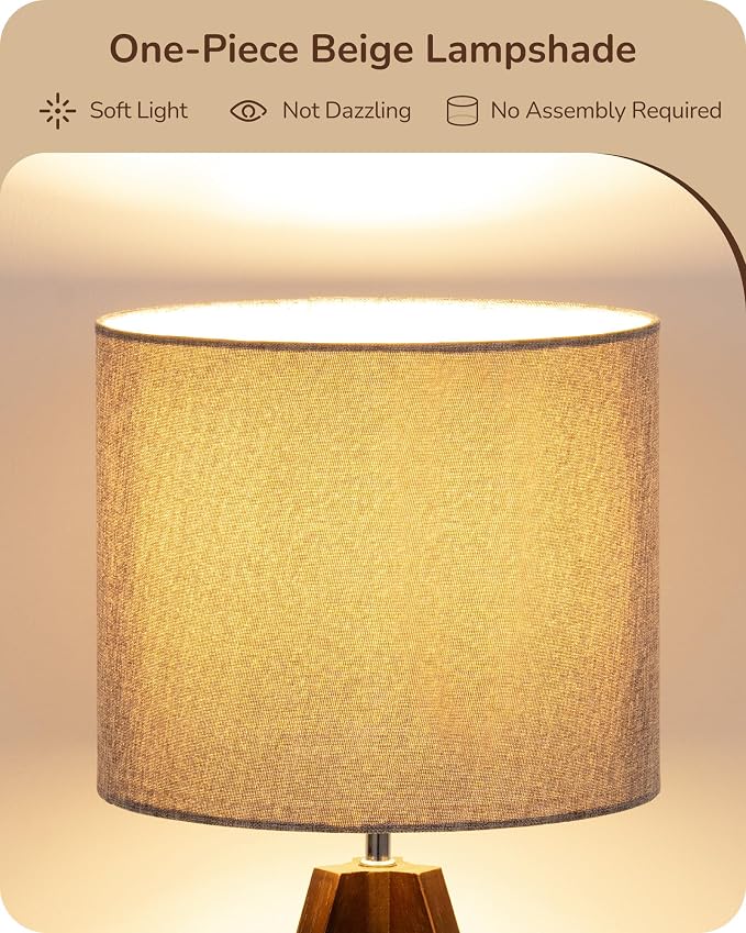 EDISHINE Boho Small Table Lamp, Wood Lamp, Grey Linen Lampshade,14.2 Inch | Walnut Color Tripod Bedside Lamp, Farmhouse Nightstand Lamp for Nursery, Bedroom, Office, Kid Room, Living Room, E26 Socket