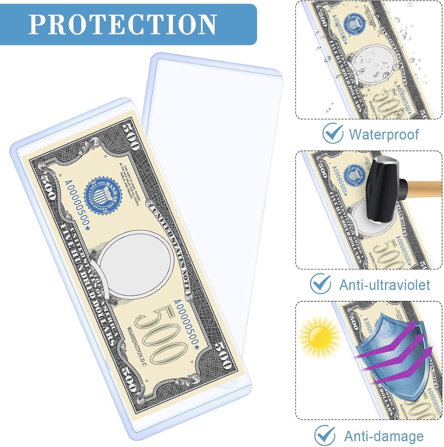 Sepamoon 60 Pieces Dollar Bill Sleeves, 6.9 x 2.95 Inch Hard Plastic Clear Currency Sleeves Waterproof Currency Holder Dollar Bills Display Protector Organizer Case Supplies for Collectors