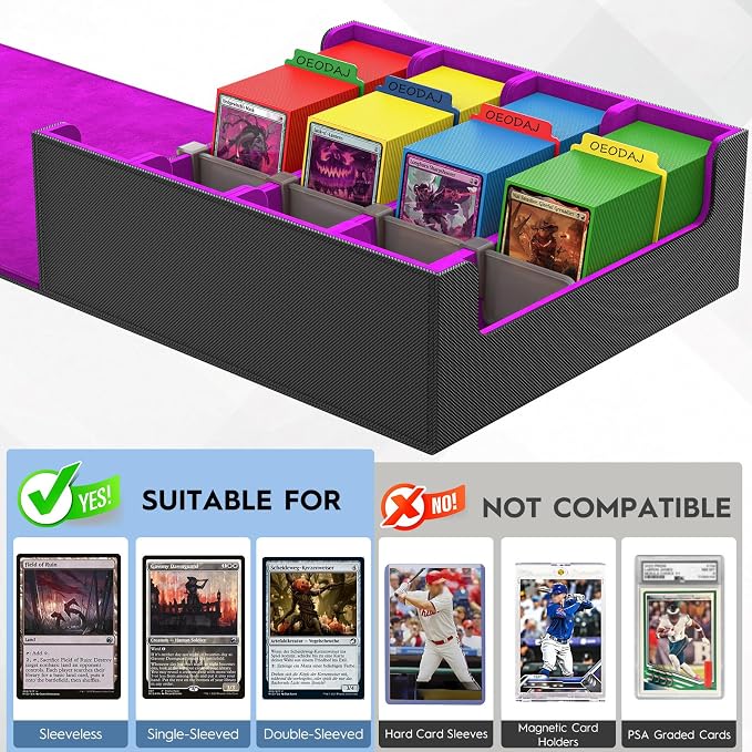 Trading Card Storage Box, 3200+ MTG Card Storage, 4 Row TCG Card Organizer Box with 24 Colorful Dividers and 4 Stands, PKM Bulk Storage, Deck Case Holder Fits for YuGiOh, Game Cards (Black & Purple)