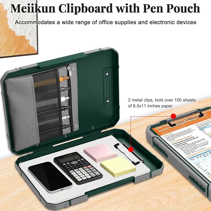 Meiikun Clipboard with Storage, Rugged Shockproof Protective, Internal Pen Pouch & Metal Clip, Heavy Duty Plastic Clip Boards 8.5x11, High Capacity Contractor Folder for School Office (Emerald)