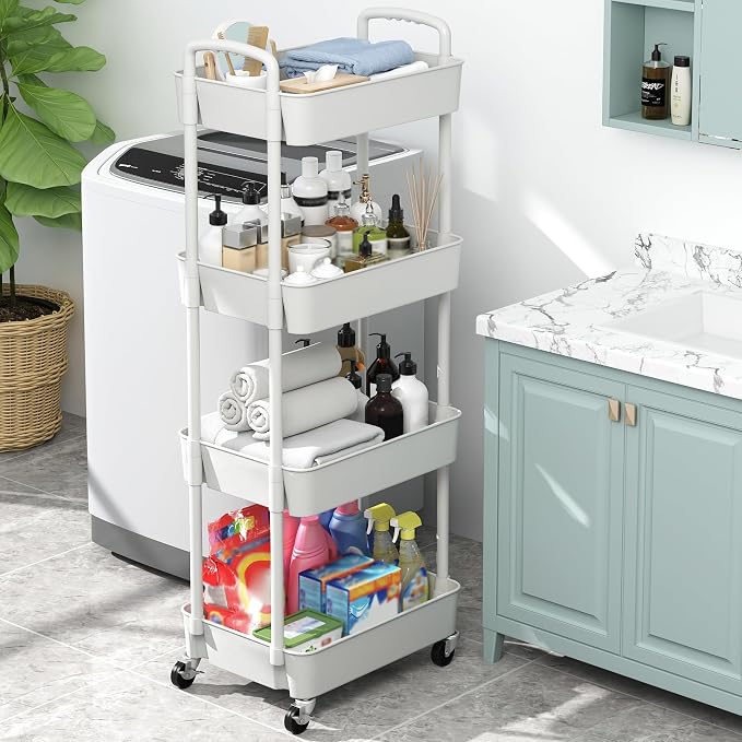Sywhitta 4-Tier Plastic Rolling Utility Cart with Wheels for Storage,White | Multi-Functional Storage Trolley, for Office, Living Room, Kitchen, Bathroom,Movable Organizer,Space-Saving,Easy to assemble