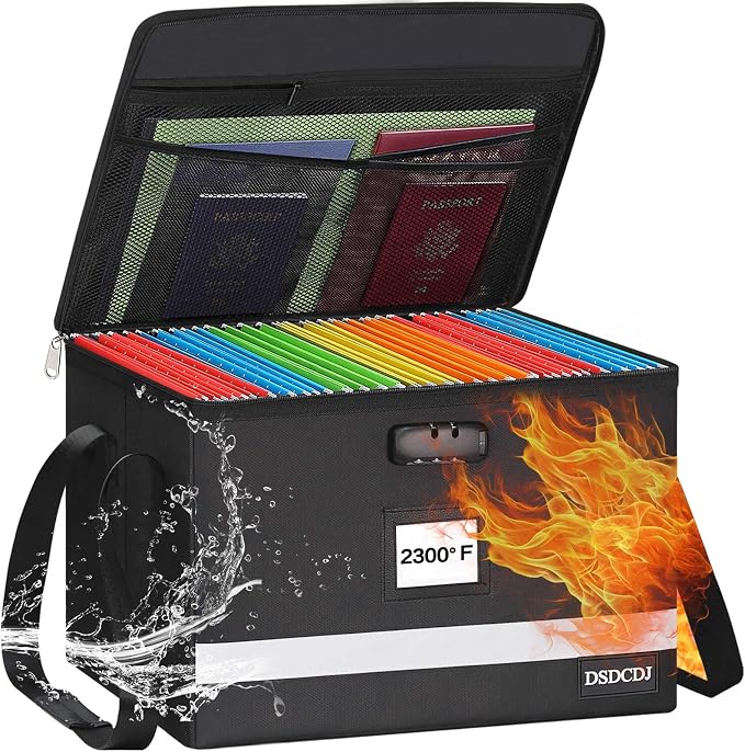 Fireproof File Box with Lock, Upgraded Fireproof Document Box with Reflective Strip, Portable File Organizer Filing Cabinet with Handle for Hanging Letter/Legal Folder, 15.5" x 12.3" x 10.5" | Fireproof