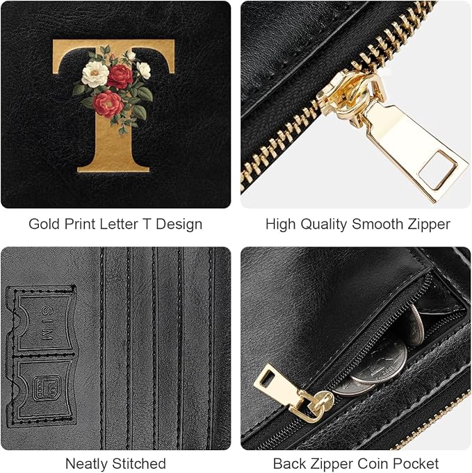 Passport Holder for Travel Personalized Wallet with Wristlet Women | Passport Cover, RFID Blocking, Passport Book Holders, Back Coin Pocket, Zipper Closure, Roses Initial Letter, Black T