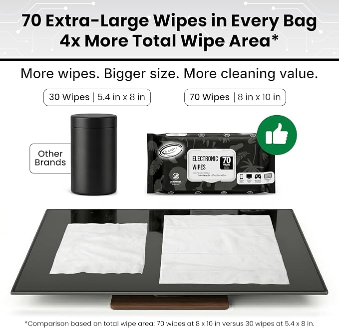 Air Jungles Electronic Wipes Screen Cleaner 70 Ct (Pack of 2), XL 8x10 Inch | No Cloth Needed, Cleaning LED Screen, TV, Computer, Tablet, Phone, Laptop, Monitor, Smart Watch, Headphone & Gaming Equipment