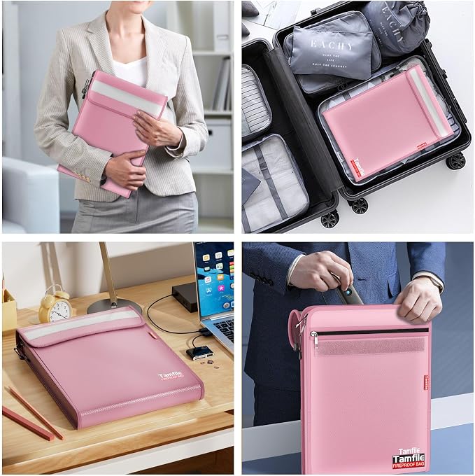 6400℉ Fireproof Document Bag, 15”x 11” Waterproof Document Organizer, Pink | Fireproof Money Bag, 2 Pockets,Safe Important Document Organizer for A4 A5 Legal Letter Size, Valuables, Legal Documents