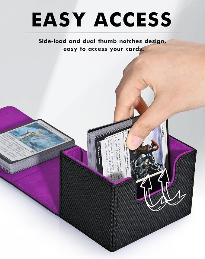 ZLCA Card Deck Box for Trading Cards, MTG Commander Deck Box Holds 120+ Single Sleeved Cards, Leather Magnetic Card Storage Box Fits for Magic the Gathering TCG CCG(Black& Purple)