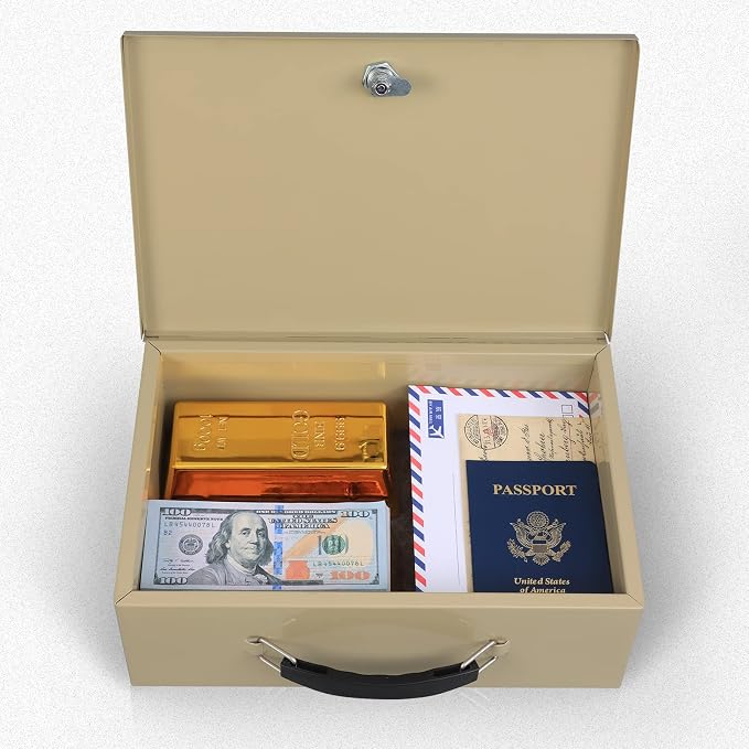 xydled Fireproof Document Box with Key Lock, Fire Safe Box, Sand | Fire and water resistant lock box for documents, passports, cash and valuables, keeping secure at home, 12.8 x 8.5 x 4.5 Inch
