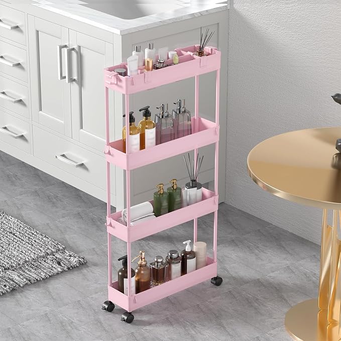 2-piece Set Slim Storage Cart 3 Tier,Bathroom Organizer Rolling Utility,Mobile Shelving Unit Slide Out for Office, Kitchen, Laundry Room & Narrow Places