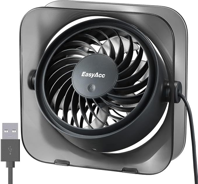 EasyAcc USB Small Desk Fan, Fan for Slumber Pod Long Cable 5ft, Turbo Powerful Airflow, 3 Speeds Portable Mini Desk Travel USB Fan for Sleeping Cruise Ship Dorm Bedroom Office Airplanes (No Battery)