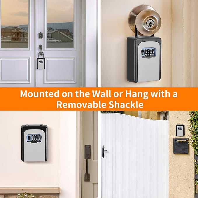 Portable Key Lock Box, Upgrade Clearly Visible Numbers, Lock Box Wall Mounted for House Key, 5 Key Capacity, Weatherproof Resettable Code (2 Pack, Gray)