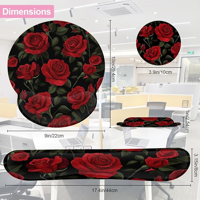 Vintage Red Rose Ergonomic Wrist Support Keyboard Mouse Wrist Rest Set, Computer Office Comfortable Wrist Rest for Mouse Easy Typing