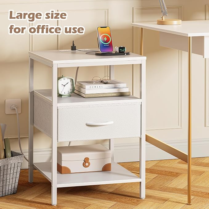 SUPERJARE Nightstand with Charging Station, USB-C Port, Bedside Table | 27.7 Inch Tall Nightstand with Adjustable Fabric Drawer, Large Dresser for Bedroom, Living Room, White
