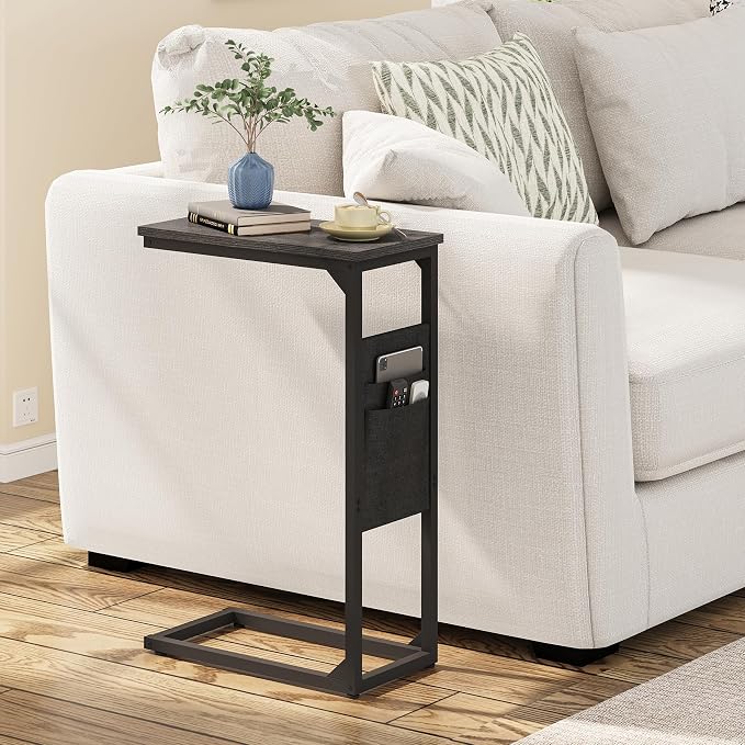 TUTOTAK C Shaped End Table, Side Table for Couch, Sofa Table | with Storage Bag, Set of 2, TV Tray for Living Room, Bedroom, Black TB01BK0822