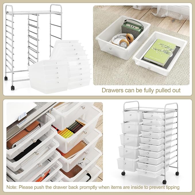 RELAX4LIFE 15-Drawer Rolling Storage Cart - Utility Cart with Metal Frame, Lockable Wheels & Removable Drawers, Multipurpose Art Craft Organizer for Home Office, Classroom (Clear)