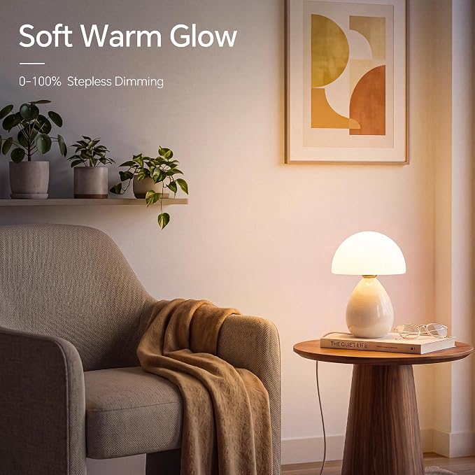 Mushroom Lamp Table Lamp for Bedroom-Small Desk Table Lamps,Cream | Ice Crackle 8.7" Mid Century Modern Table Lamps for Living Room Bedroom Decor,Ceramic Lamps for Home Room Decor,Glass Shade