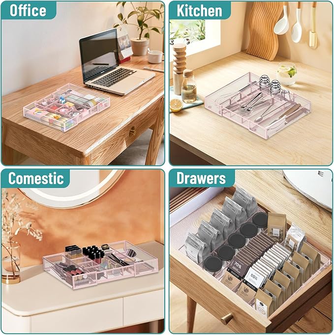 Expandable Desk Drawer Organizer Tray with 10 Adjustable Compartments, Metal Mesh Office Drawer Organizer, Versatile Desk Organizer for Home, School Supplies, Makeup Vanity & Jewelry (Pink)