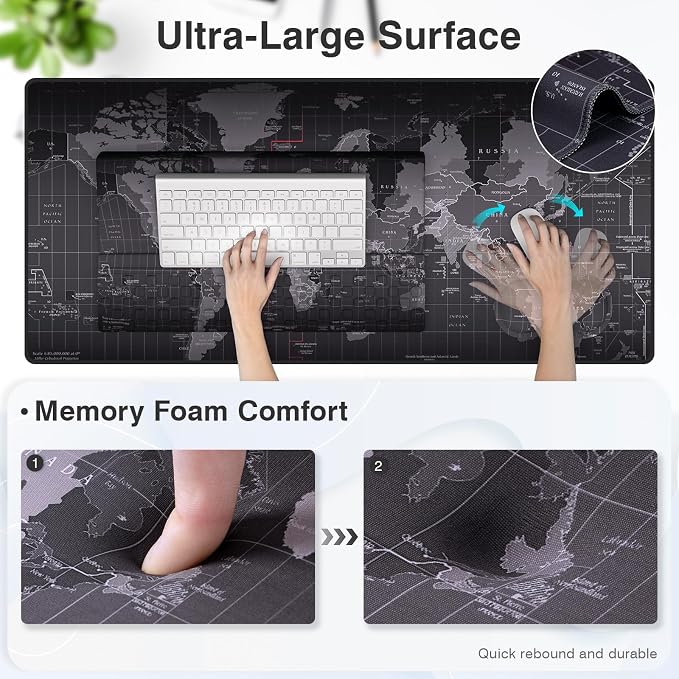 Ospelelf Ergonomic Mouse Pad and Keyboard Stand Wrist Rest Pad Set with Large Mousepad, Memory Foam Comfort, Premium Office Desk Accessories for Pain Relief and Efficiency, Black Map