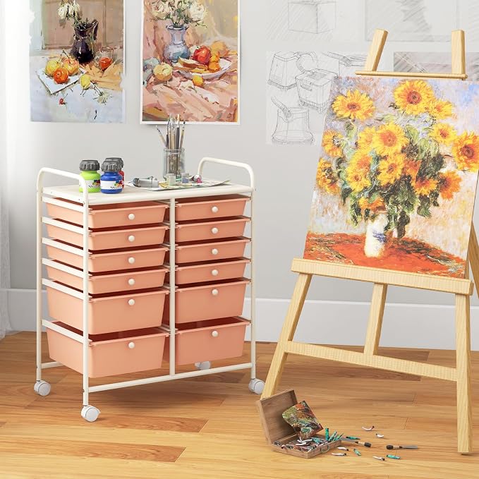12 Drawer Rolling Storage Cart, Craft Cart Organizer on Wheels w/Metal Frame, Large Capacity & Smooth Drawer, Rolling Cart w/Drawers for Classroom, Office