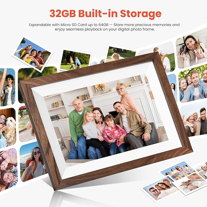 Frameo 10.1" Smart Digital Picture Frame with Walnut Moulding, 16:9 1280p HD IPS Touchscreen Display, 32GB Storage, MicroSD Slot, Plug-in Power, Easy Wireless Photo & Video Sharing, Idea