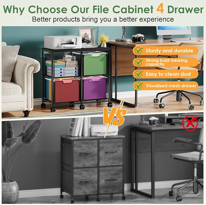 Sbanmao 4 Drawer Lateral File Cabinet, Mobile Filing Cabinet, Printer Stand with Wheels Under Desk Storage Office Storage Cabinet Fits Letter Size for Home Office, Black