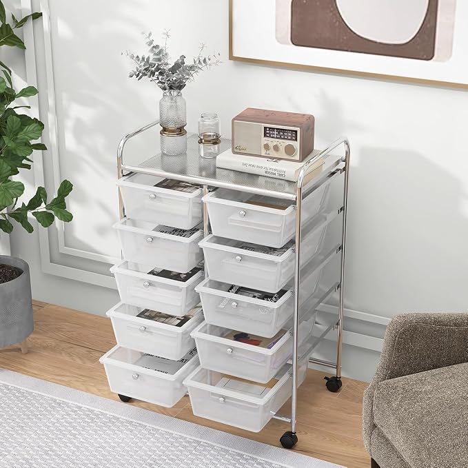 10 Drawer Rolling Cart, Storage Cart Organizer on Wheels, Drawer Cart with Metal Frame & Large Storage Capacity, Rolling Cart with Drawers for Living Room Classroom, Office