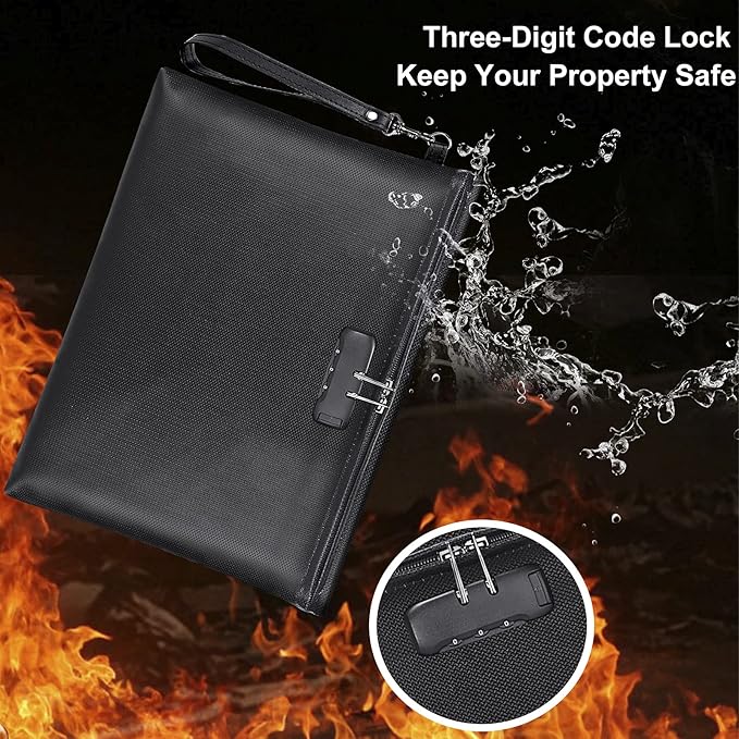Fireproof Document Bag with Lock, ZOOPIP 14.3"x10.2" Fireproof and Waterproof Money Bag with Zipper Closure, Storage Pouch for A4 Letter Size Document, Cash, Cell Phone, Tablet, Credit Card,Passport