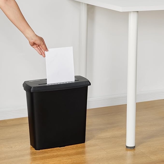 Amazon Basics 8-Sheet Strip Cut Paper Shredder for Home and Office, CD/Credit Card Shredder, 3.4 Gallon Bin, Black