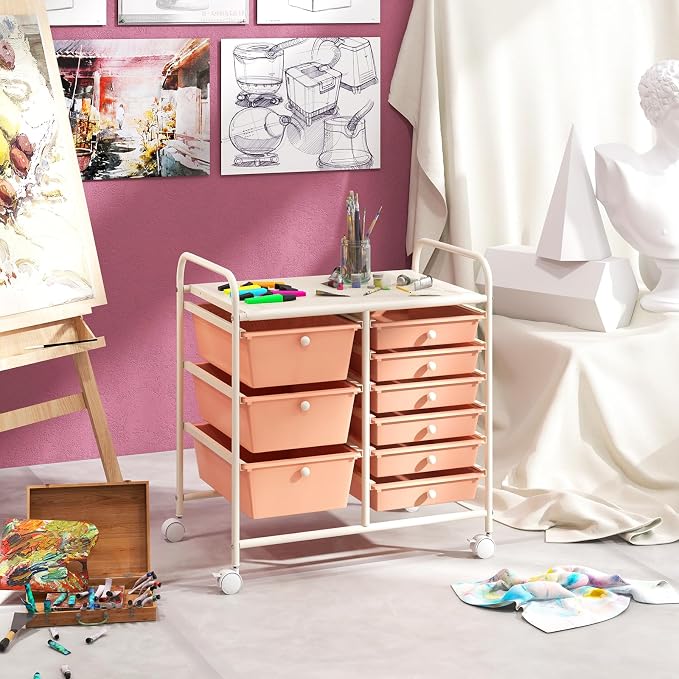 RELAX4LIFE 9 Drawer Rolling Storage Cart - Mobile Drawer Carts for Craft Art Supply Paper Salon, Utility Cart on Wheels for Classroom Teacher School Office, Rolling Cart with Drawers (Pink)