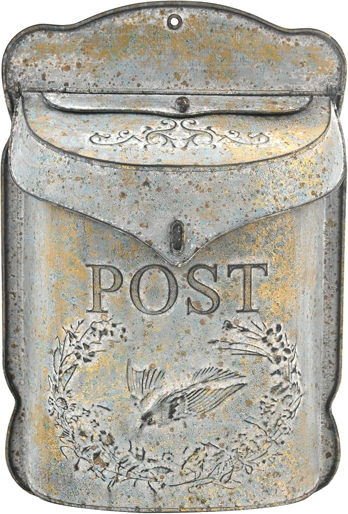 Wall Mount Mailbox for Outside Vintage Mail Boxes for House Outside Metal Door Mailbox Drop Box Antique Style Nostalgic Charm Home Decorative, Bird Pattern, Gray