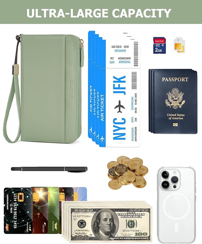 Large Travel Wallet for Women | RFID Blocking Zipper Wallet,Passport Holder Clutch with Wristlet