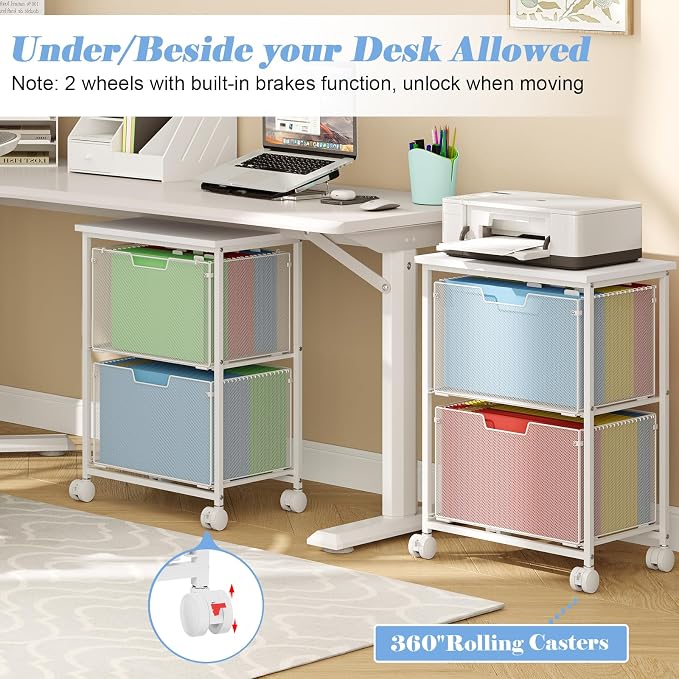 Sbanmao Letter/Legal Rolling File Cabinet, Rolling File Cart with 2 Drawers Filing Cabinet for Home Office, Hanging File Folders Organizer for Under Desk Storage, Mobile Printer Stand, White