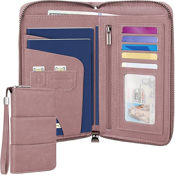 RFID Family Passport Holder Wallet - Travel Document Organizer | PU Leather, with Wristlet, Zipper, Cards, Boarding Pass, ID, Cash, Ticket Pockets,Travel Essentials Gifts for Women Men