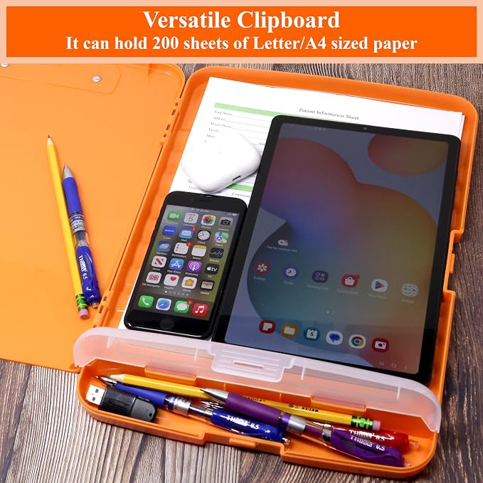 Think2Master Orange Plastic Storage Clipboard with Pencil Holder. | 25% Heavier & 25% Sturdier| Heavy Duty. Must Have for Nurses, Teachers & Classrooms.
