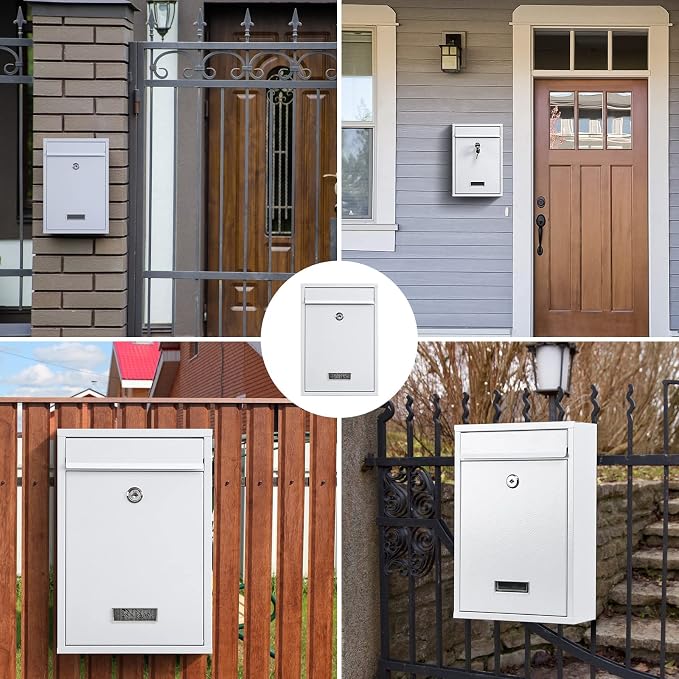KYODOLED Locking Wall Mount Mailbox with Key Lock, White | Heavy-Duty Steel, Secure Drop Box for Letters, Cash & Cards, Weather Resistant, Home, Office & Apartment Use