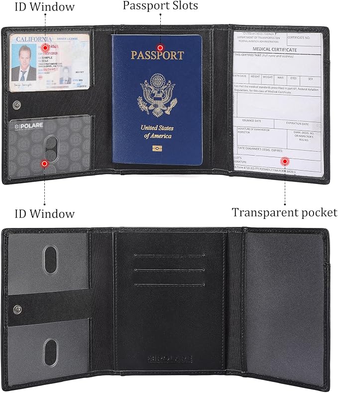 Polare Napa Leather Pilot Wallet Passport Holder RFID Blocking Tri-fold Travel Cover Document Organizer for Aviation Professionals (Black with AirTag Slot)